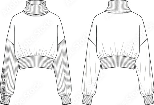 Oversized cropped turtleneck sweater CAD streetwear flat vector illustration, women's fashion template technical drawing, long ribbed sleeve balloon silhouette outline