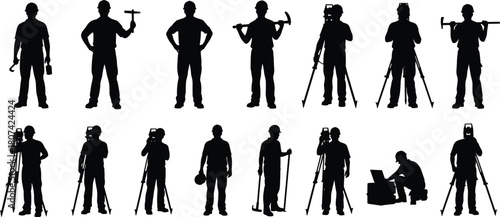 Silhouettes of construction workers using surveying equipment and tools, engineering professional team isolated on white background vector