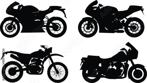 Various Motorcycle Silhouettes Collection, Including Sport, Dirt, and Touring Bike Models, Vector Illustration for Transportation and Biker Culture.