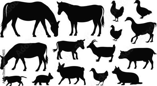 Vector graphic set of domestic farm animals silhouettes, including horse cow goat chicken duck rabbit sheep, black figures on white background