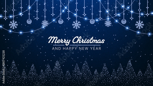 Merry Christmas and Happy New Year message on dark blue background with decorative lights, snowflakes, and festive glitter trees for holiday celebration.