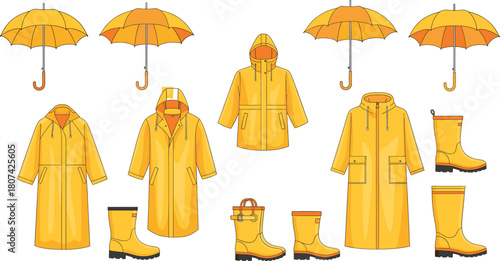 Rain gear illustration, yellow umbrellas, waterproof boots, raincoats vector, rainy day fashion, protective clothing, stylized design, weather icons