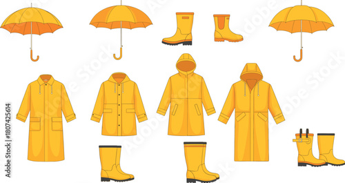 Rain gear illustration, yellow umbrellas, waterproof boots, raincoats vector, rainy day fashion, protective clothing, stylized design, weather icons