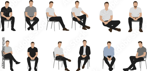 Seated man poses, outfit variety, posture study, fashion illustration, black silhouette, ergonomic design, character reference, minimal style, vector set