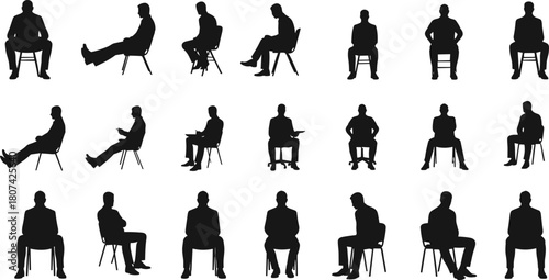 Seated posture silhouettes, human figures, chair poses, black vector, body language, ergonomic study, minimal design, graphic set, gesture icons