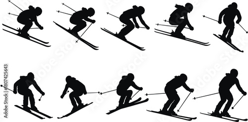Skier silhouettes, downhill skiing poses, black vector, winter sport, athletic motion, minimal style, graphic set, snow activity icons
