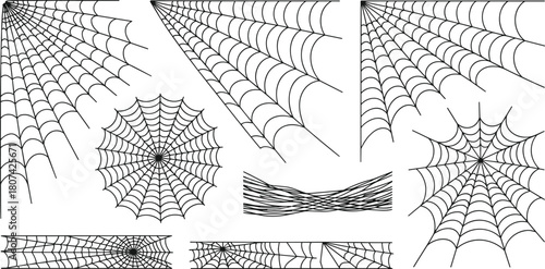 Spider web illustration set featuring detailed cobweb designs, corner webs, circular webs, spooky Halloween elements, eerie decorations, intricate line art graphics