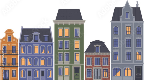 Stylized building illustrations, urban architecture, colorful facades, city design, residential vector, European style, artistic row, street view
