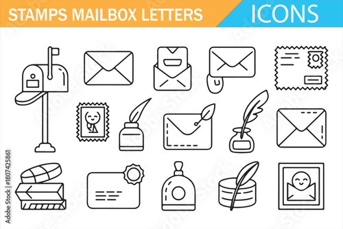 Clean vector icons of postage elements for mail, delivery, and communication
