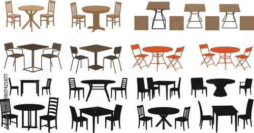 Table and chair sets, furniture silhouettes, black vector, interior design, modern styles, dining icons, minimal graphic, home decor