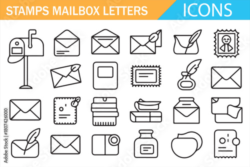 Mail and postage line icon set featuring envelopes, stamps, and parcels