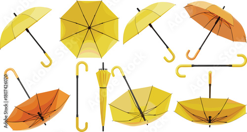 Umbrella illustrations, yellow and orange, open and closed styles, black vector, minimal design, graphic set, rainy weather icons