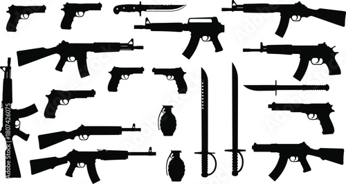 Weapon silhouettes, guns and knives, black vector, military gear, combat tools, minimal style, graphic set, firearm icons, tactical design