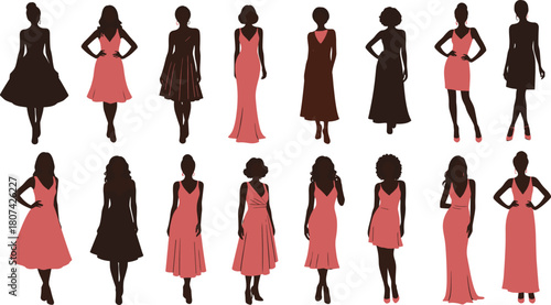 Women dress silhouettes, fashion styles, black and pink vector, elegant outfits, minimal design, graphic set, stylish poses, clothing icons