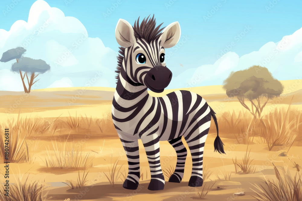 Obraz premium Sunny day in the african savanna: cartoon zebra smiling amidst dry grass, trees, and blue skies with clouds