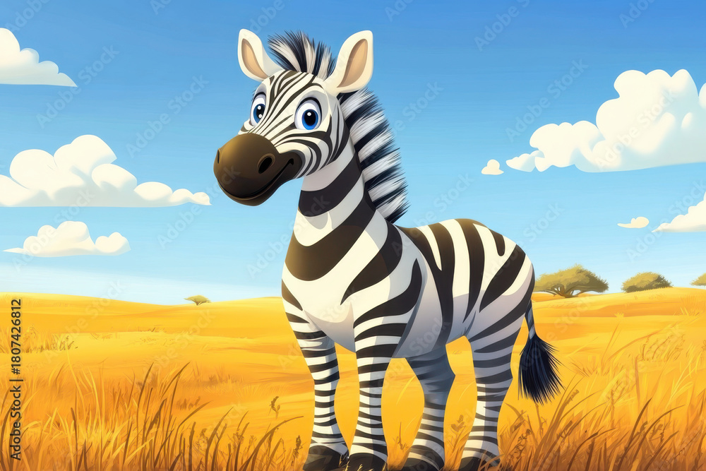 Obraz premium Sunny day in the african savanna: cartoon zebra smiling amidst dry grass, trees, and blue skies with clouds