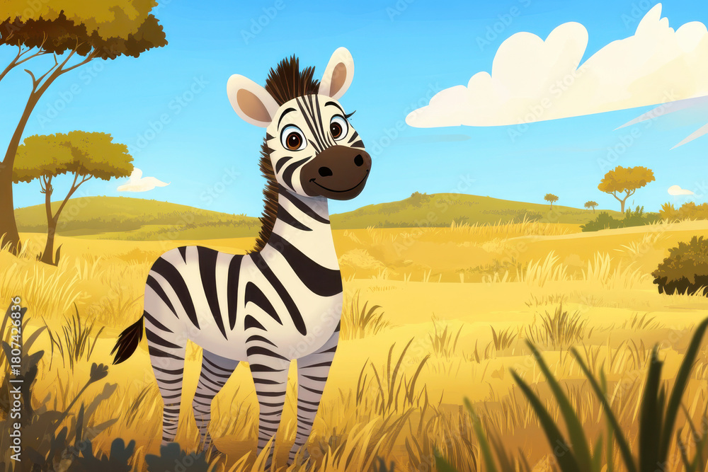 Obraz premium Sunny day in the african savanna: cartoon zebra smiling amidst dry grass, trees, and blue skies with clouds