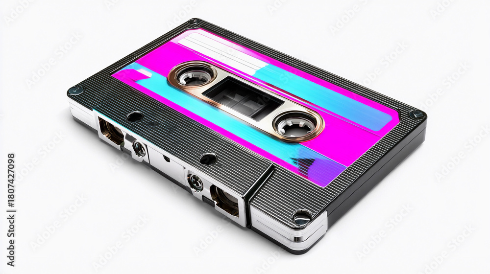 Fototapeta premium Colorful cassette tape with vibrant design on a white background