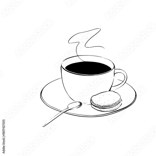 A steaming cup of coffee with a spoon and a cookie on a saucer in black and white line art style