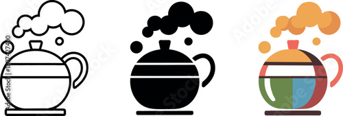 Three teapot icons representing different styles minimal line solid and colorful