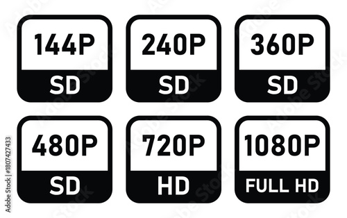 Resolution icon set of video display quality standards from 480p to 8K . Screen resolution icons set with video quality labels.