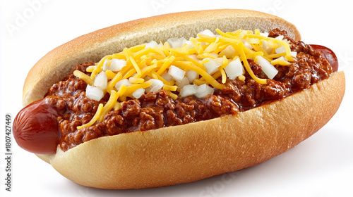 Tasty chili cheese hot dog with onions on a soft bun