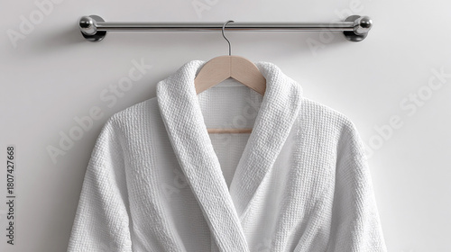 Soft white bathrobe hanging in a bathroom on a stylish rack