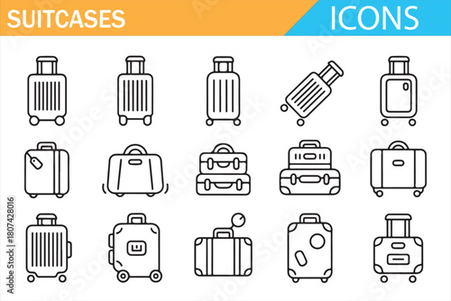Travel suitcase icon pack including carry-ons, backpacks, and trolley bags