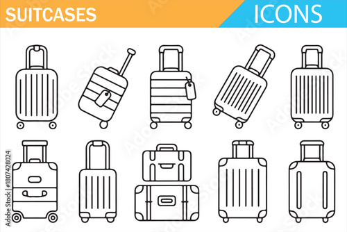 Modern thin-line travel luggage icons for vacation and journey themes