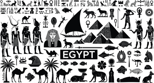 Ancient Egypt Icons and Symbols Silhouette Collection, Egyptian Gods, Pharaohs, Pyramids, Hieroglyphs, and Animals Vector Set for History and Culture.