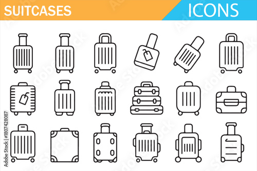 Luggage and suitcase line icon collection for travel and tourism