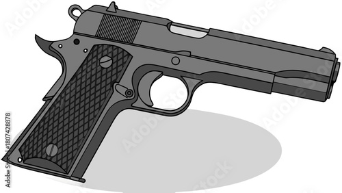 "A studio shot of a realistic, full-sized black semi-automatic handgun (resembling a classic 1911 or similar model) resting on a surface. The pistol has a dark matte finish, a squared-off slide, and d