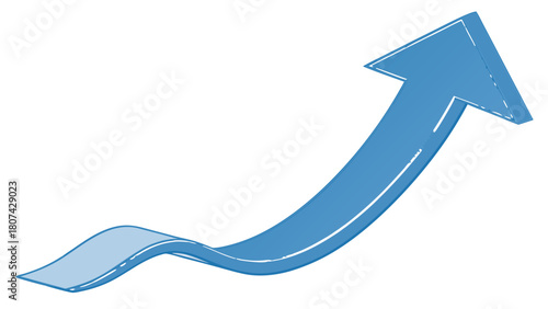"A minimalist, high-quality 3D render of a single smooth, matte blue arrow curving dynamically upwards and to the right. The arrow begins with a subtle wave or curve from the left, then sweeps gracefu