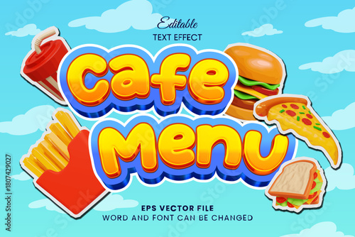 Cafe menu cartoon game 3d editable vector text effect