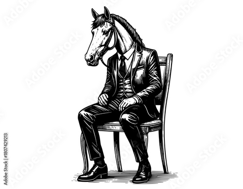 Lillustration of a person sitting on a chair with a head horse