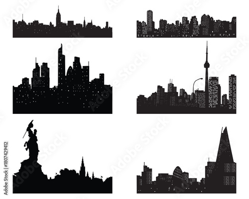 Set of city black silhouettes on a white background 