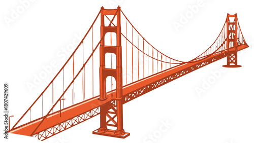 "A clean, high-angle 3D render of a stylized Golden Gate Bridge against a pure white background. The bridge is rendered in its iconic international orange-red color, with visible intricate steel truss