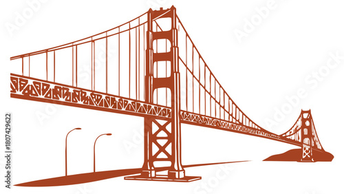 "A clean, high-angle 3D render of a stylized Golden Gate Bridge against a pure white background. The bridge is rendered in its iconic international orange-red color, with visible intricate steel truss