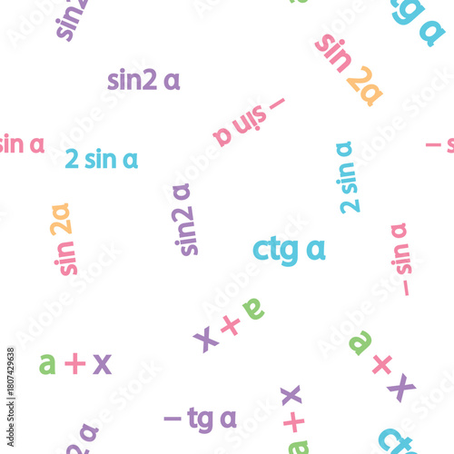 Seamless pattern with mathematical formulas and numbers. Algebra and geometry, calculations tangent, cotangent, sine, cosine.