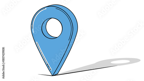"A minimalist, high-quality 3D render of a single, shiny bright blue map pin icon. The pin has a classic teardrop shape with a small, circular hole in its center. It has a smooth, glossy surface with 