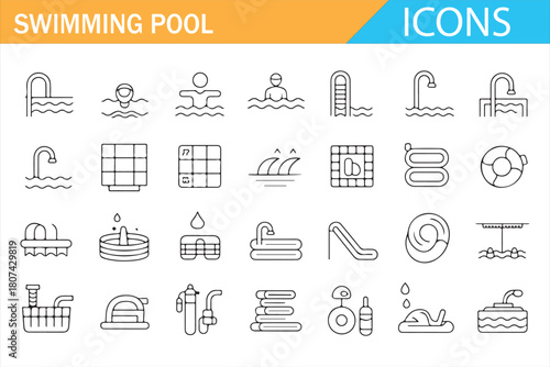Recreation water activity icon pack including spa, jacuzzi, and swimmer illustrations
