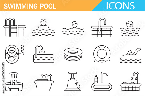 Minimal line art icons of swimming pools, filtration systems, and slides