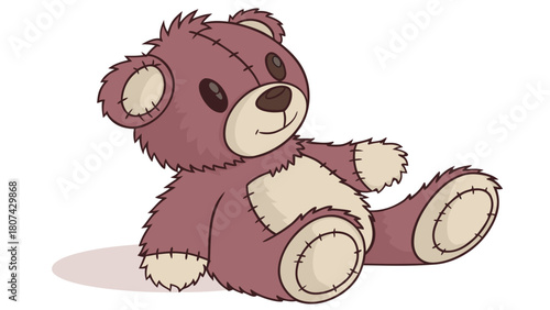 "A studio shot of a cute, fluffy, brown teddy bear sitting upright. The bear has a soft, textured brown fur, darker brown eyes, a small, dark brown nose, and a stitched smile. Its inner ears, snout, a