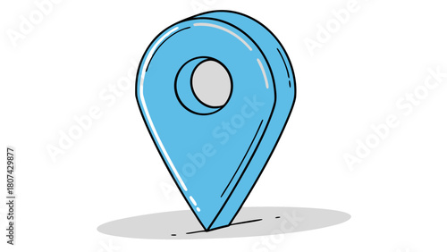 "A minimalist, high-quality 3D render of a single, shiny bright blue map pin icon. The pin has a classic teardrop shape with a small, circular hole in its center. It has a smooth, glossy surface with 