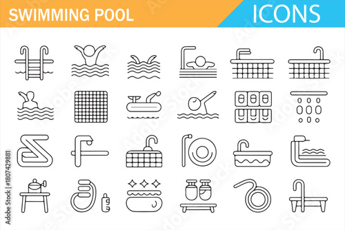 Line icons of pool ladders, swimmers, slides, jets, and water features
