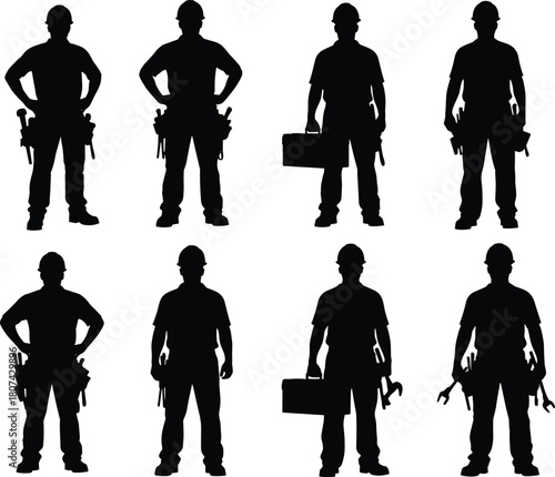 Set of construction worker silhouettes, builders with hard hats and tool belts, handyman team standing isolated on white background