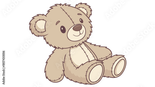 "A studio shot of a cute, fluffy, brown teddy bear sitting upright. The bear has a soft, textured brown fur, darker brown eyes, a small, dark brown nose, and a stitched smile. Its inner ears, snout, a