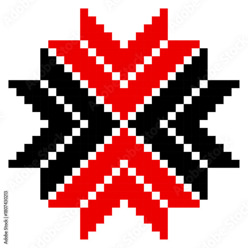 Traditional geometrical ornament isolated on white. Vyshyvanka icon. Cross stitch. Embroidery in black and red colors. Vector element for design. Folk pattern. Festive ornament