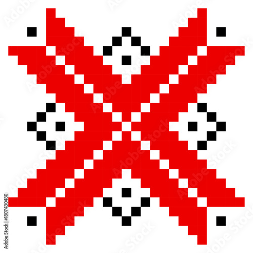 Traditional geometrical ornament isolated on white. Vyshyvanka icon. Cross stitch. Embroidery in black and red colors. Vector element for design. Folk pattern. Festive ornament