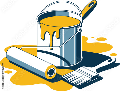 paint tools set paintbrush roller can with yellow spill vector
